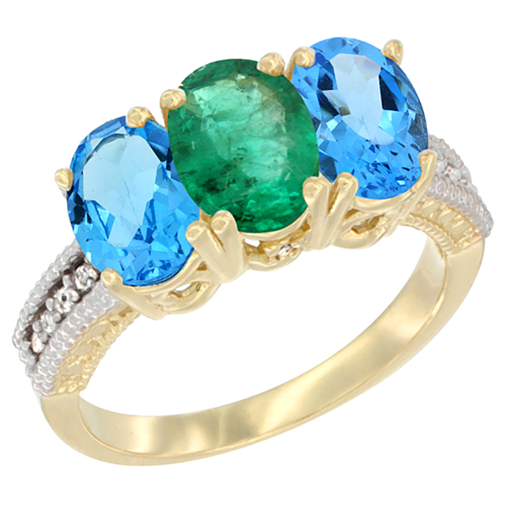 14K Yellow Gold Natural Emerald & Swiss Blue Topaz Sides Ring 3-Stone 7x5 mm Oval Diamond Accent, sizes 5 - 10