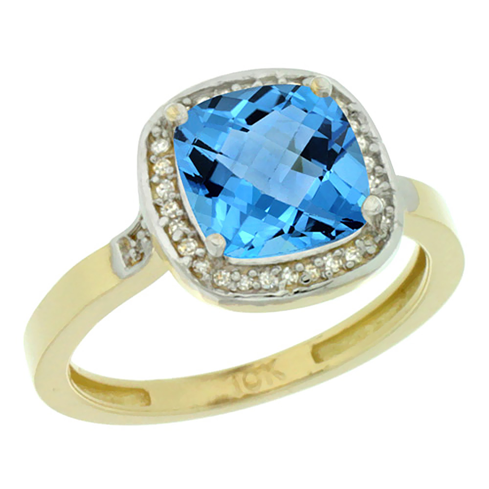 14K Yellow Gold Diamond Natural Swiss Blue Topaz Ring Cushion-cut 8x8mm, sizes 5-10