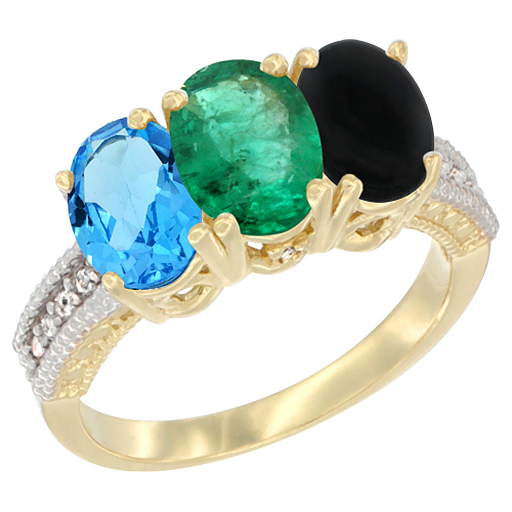 14K Yellow Gold Natural Swiss Blue Topaz, Emerald & Black Onyx Ring 3-Stone 7x5 mm Oval Diamond Accent, sizes 5 - 10