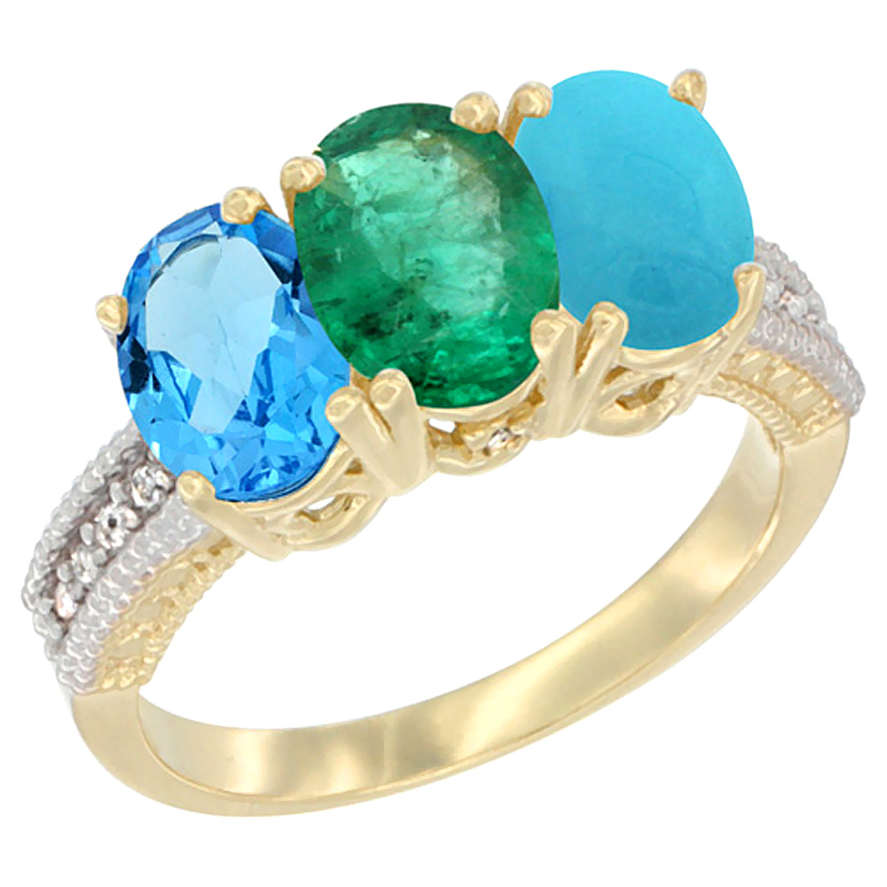 14K Yellow Gold Natural Swiss Blue Topaz, Emerald &amp; Turquoise Ring 3-Stone 7x5 mm Oval Diamond Accent, sizes 5 - 10