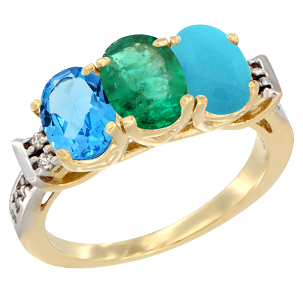 14K Yellow Gold Natural Swiss Blue Topaz, Emerald & Turquoise Ring 3-Stone 7x5 mm Oval Diamond Accent, sizes 5 - 10