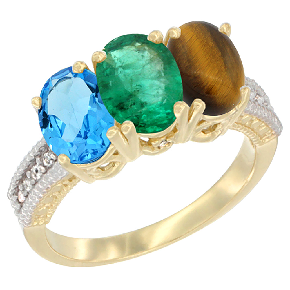 14K Yellow Gold Natural Swiss Blue Topaz, Emerald & Tiger Eye Ring 3-Stone 7x5 mm Oval Diamond Accent, sizes 5 - 10