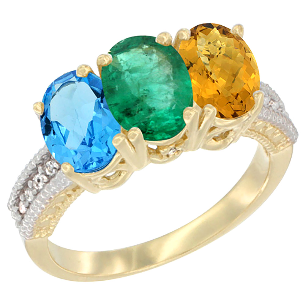 10K Yellow Gold Diamond Natural Swiss Blue Topaz, Emerald & Whisky Quartz Ring 3-Stone Oval 7x5 mm, sizes 5 - 10