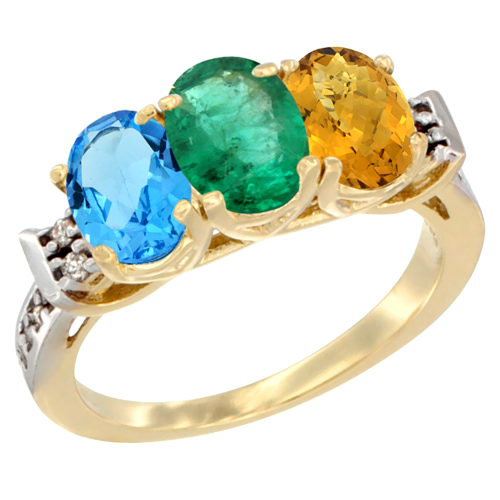 10K Yellow Gold Natural Swiss Blue Topaz, Emerald & Whisky Quartz Ring 3-Stone Oval 7x5 mm Diamond Accent, sizes 5 - 10