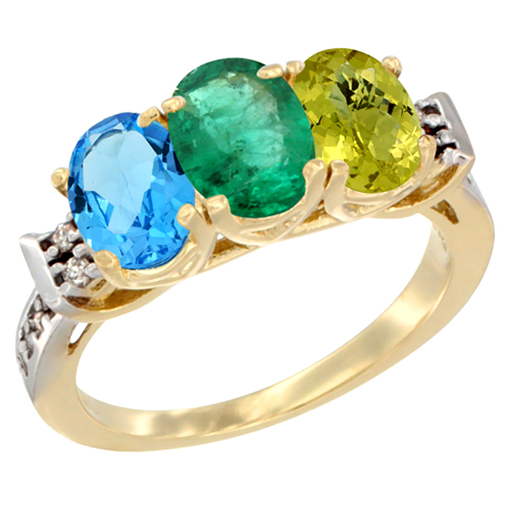 14K Yellow Gold Natural Swiss Blue Topaz, Emerald & Lemon Quartz Ring 3-Stone 7x5 mm Oval Diamond Accent, sizes 5 - 10