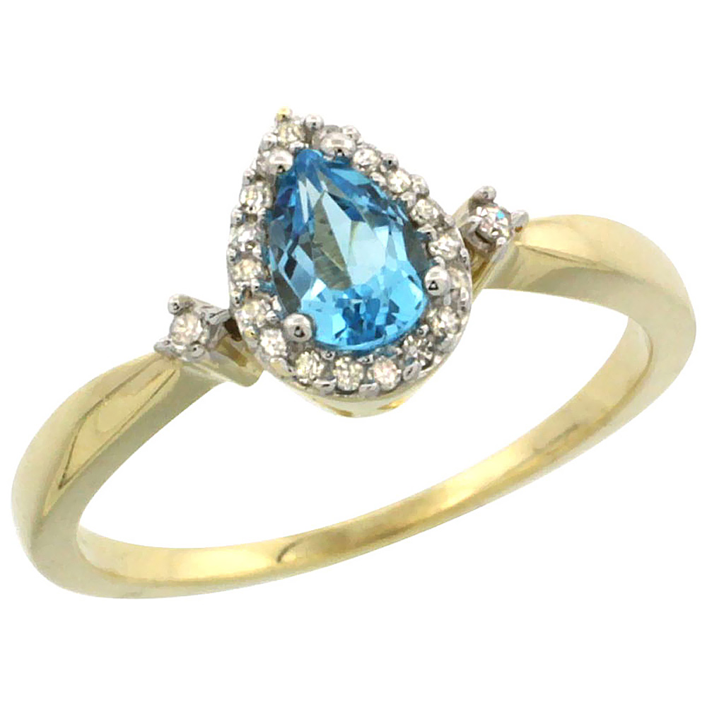 14K Yellow Gold Diamond Natural Swiss Blue Topaz Ring Pear 6x4mm, sizes 5-10