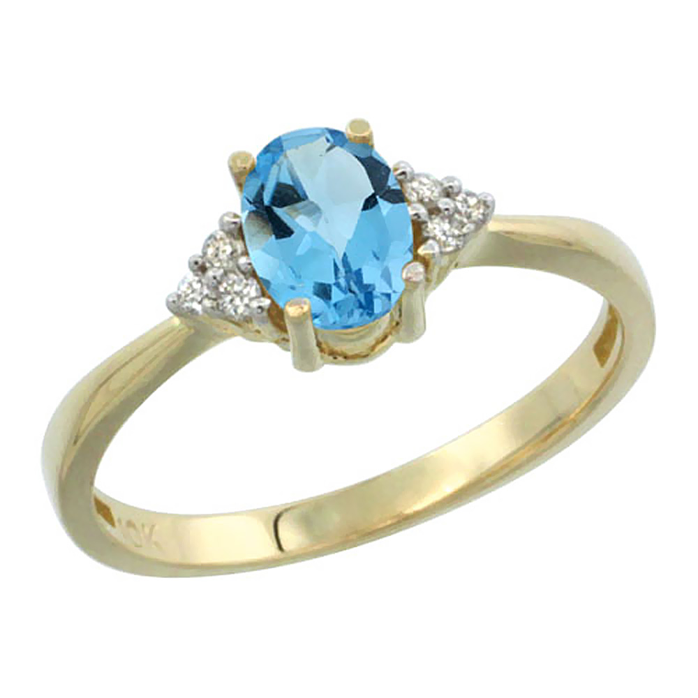 10K Yellow Gold Diamond Genuine Blue Topaz Engagement Ring Oval 7x5mm sizes 5-10