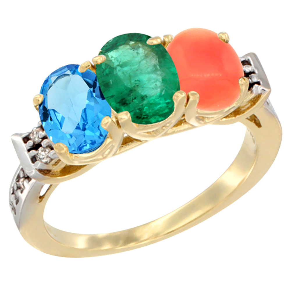 14K Yellow Gold Natural Swiss Blue Topaz, Emerald & Coral Ring 3-Stone 7x5 mm Oval Diamond Accent, sizes 5 - 10