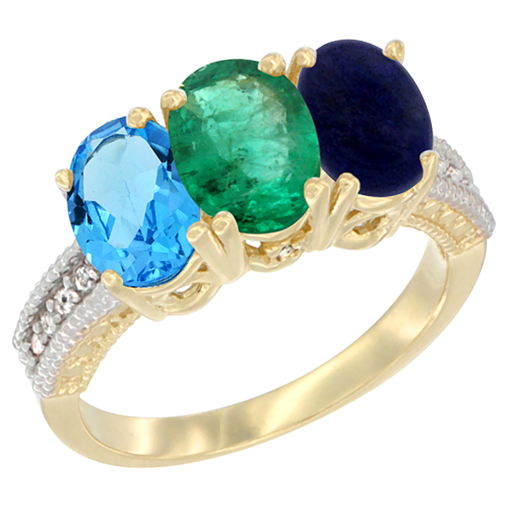 14K Yellow Gold Natural Swiss Blue Topaz, Emerald & Lapis Ring 3-Stone 7x5 mm Oval Diamond Accent, sizes 5 - 10