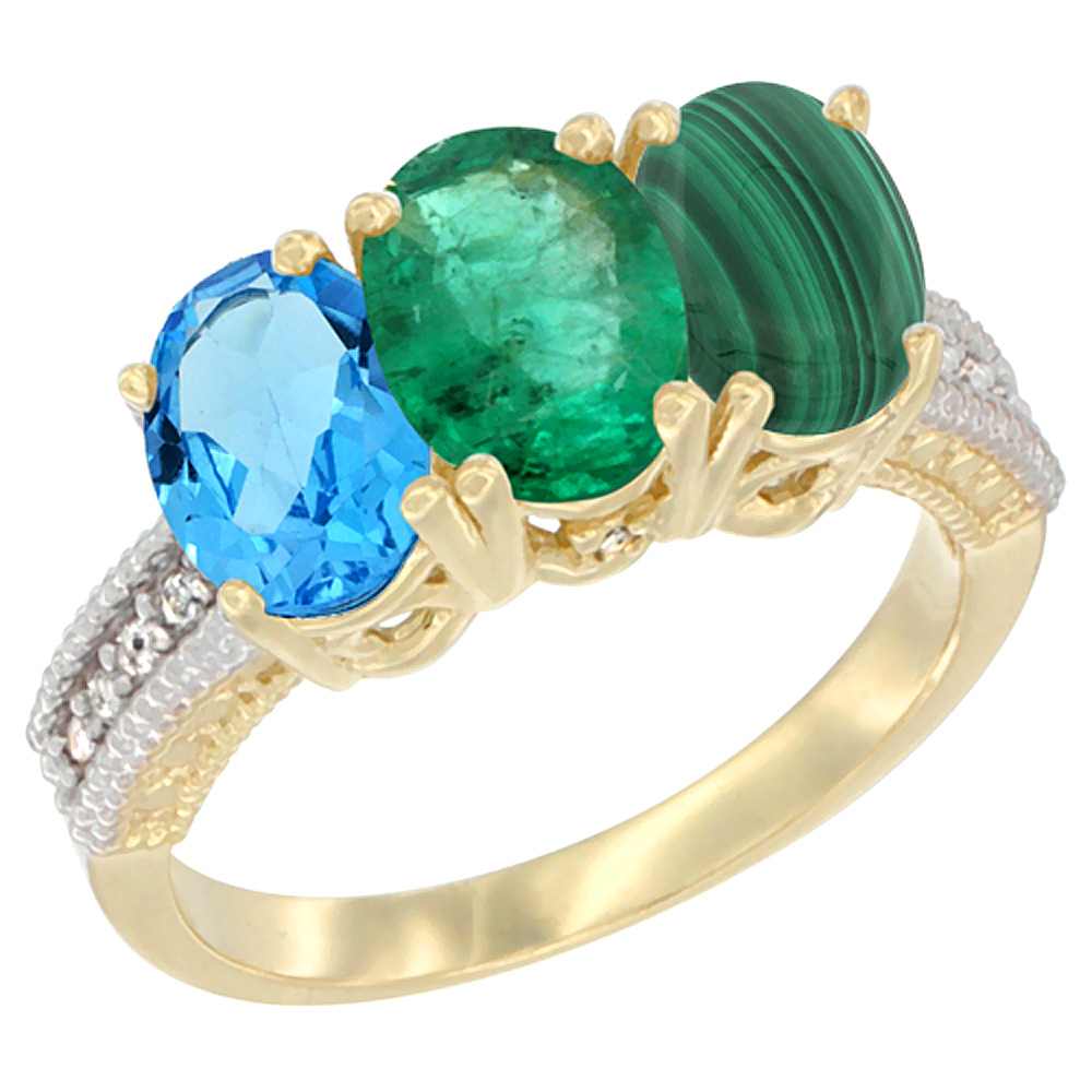 14K Yellow Gold Natural Swiss Blue Topaz, Emerald & Malachite Ring 3-Stone 7x5 mm Oval Diamond Accent, sizes 5 - 10