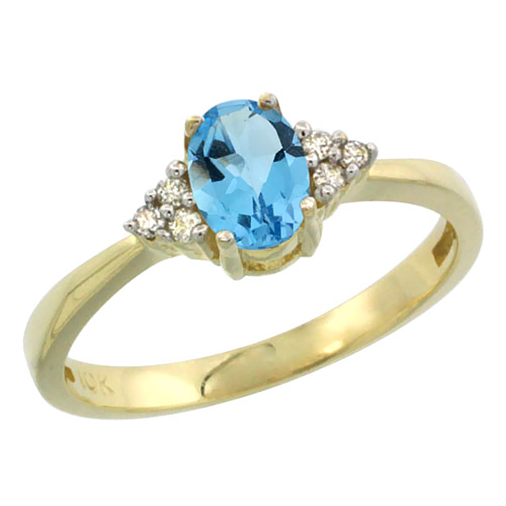 14K Yellow Gold Natural Swiss Blue Topaz Ring Oval 6x4mm Diamond Accent, sizes 5-10