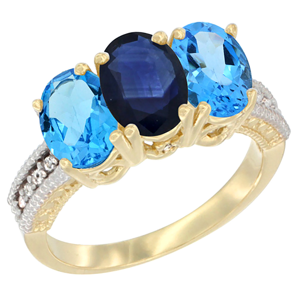 14K Yellow Gold Natural Blue Sapphire & Swiss Blue Topaz Sides Ring 3-Stone 7x5 mm Oval Diamond Accent, sizes 5 - 10