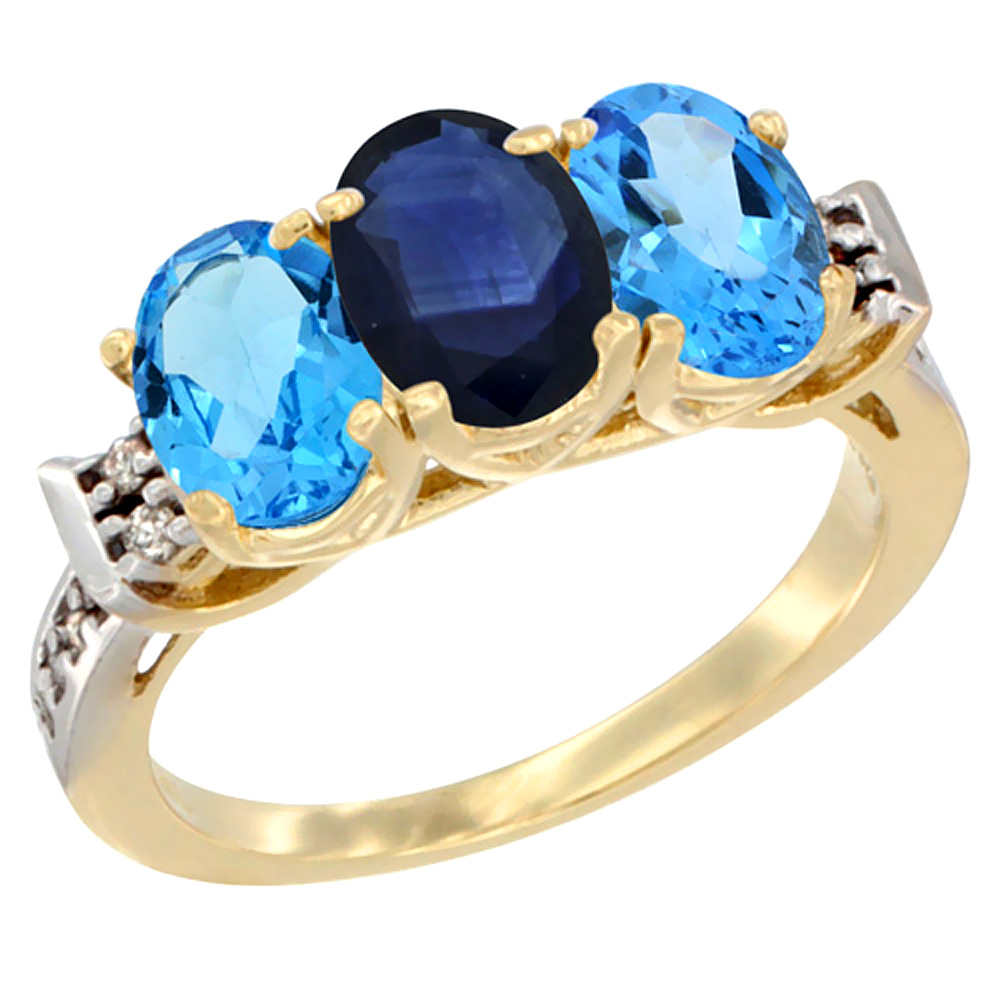 14K Yellow Gold Natural Blue Sapphire &amp; Swiss Blue Topaz Sides Ring 3-Stone 7x5 mm Oval Diamond Accent, sizes 5 - 10