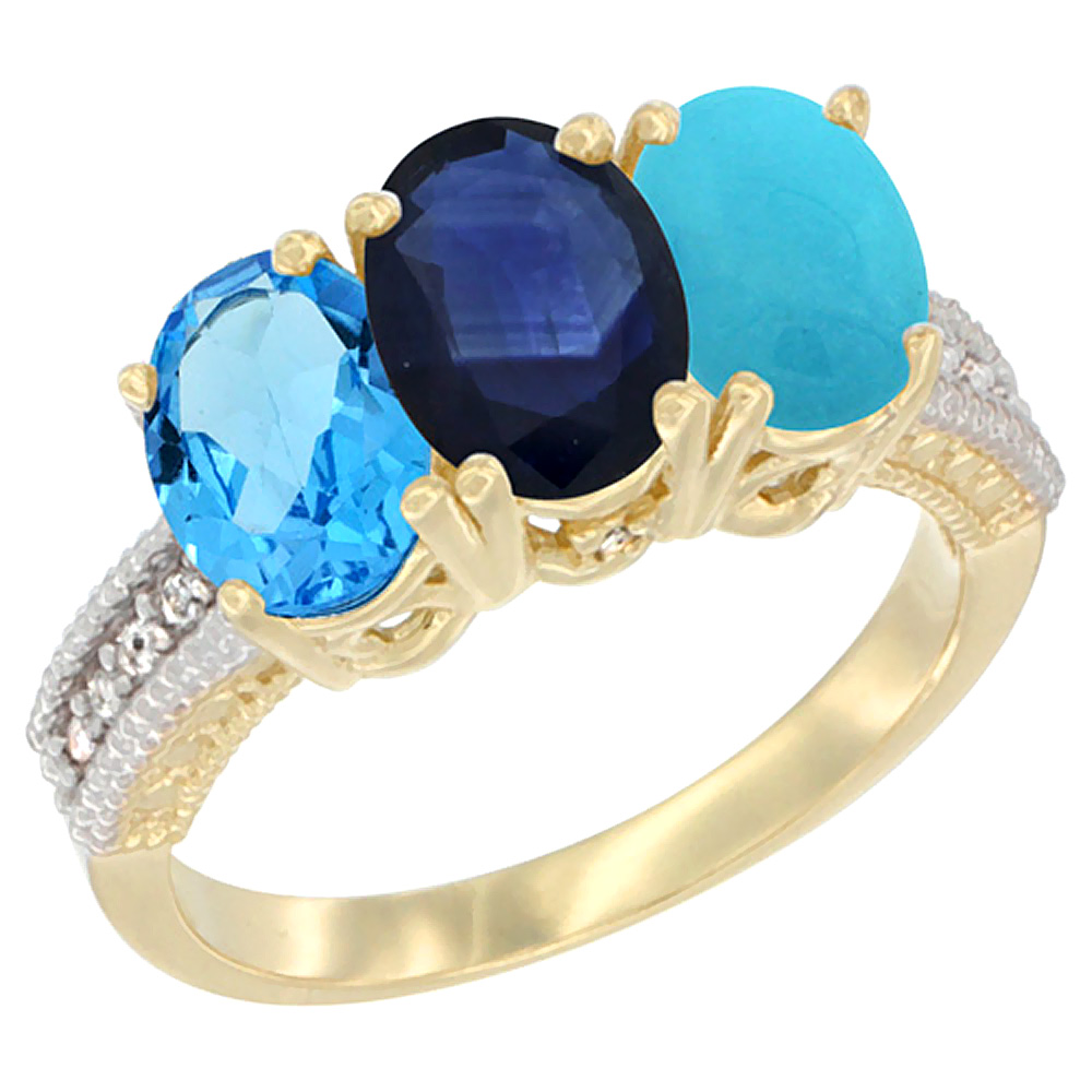 14K Yellow Gold Natural Swiss Blue Topaz, Blue Sapphire & Turquoise Ring 3-Stone 7x5 mm Oval Diamond Accent, sizes 5 - 10