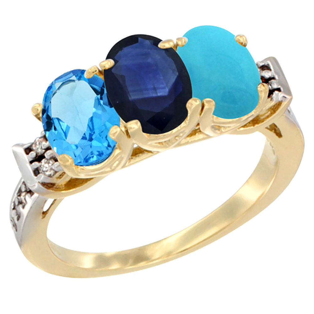 14K Yellow Gold Natural Swiss Blue Topaz, Blue Sapphire &amp; Turquoise Ring 3-Stone 7x5 mm Oval Diamond Accent, sizes 5 - 10