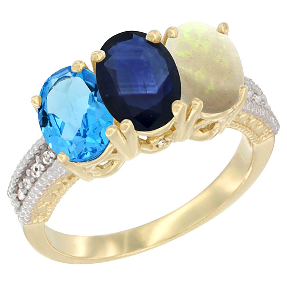 14K Yellow Gold Natural Swiss Blue Topaz, Blue Sapphire & Opal Ring 3-Stone 7x5 mm Oval Diamond Accent, sizes 5 - 10