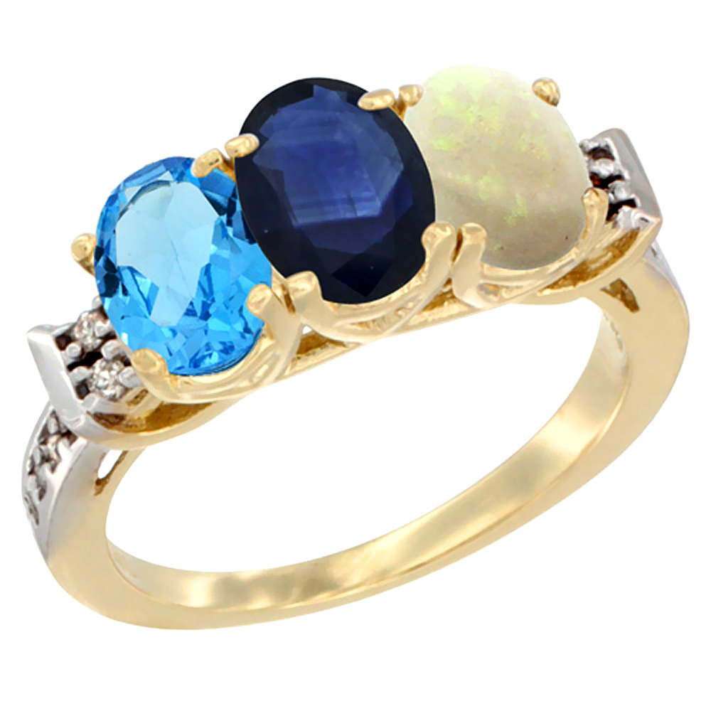 14K Yellow Gold Natural Swiss Blue Topaz, Blue Sapphire &amp; Opal Ring 3-Stone 7x5 mm Oval Diamond Accent, sizes 5 - 10