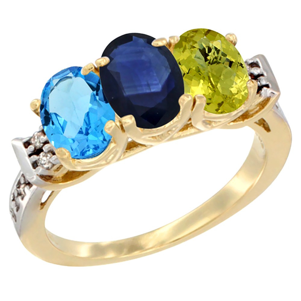 14K Yellow Gold Natural Swiss Blue Topaz, Blue Sapphire & Lemon Quartz Ring 3-Stone 7x5 mm Oval Diamond Accent, sizes 5 - 10