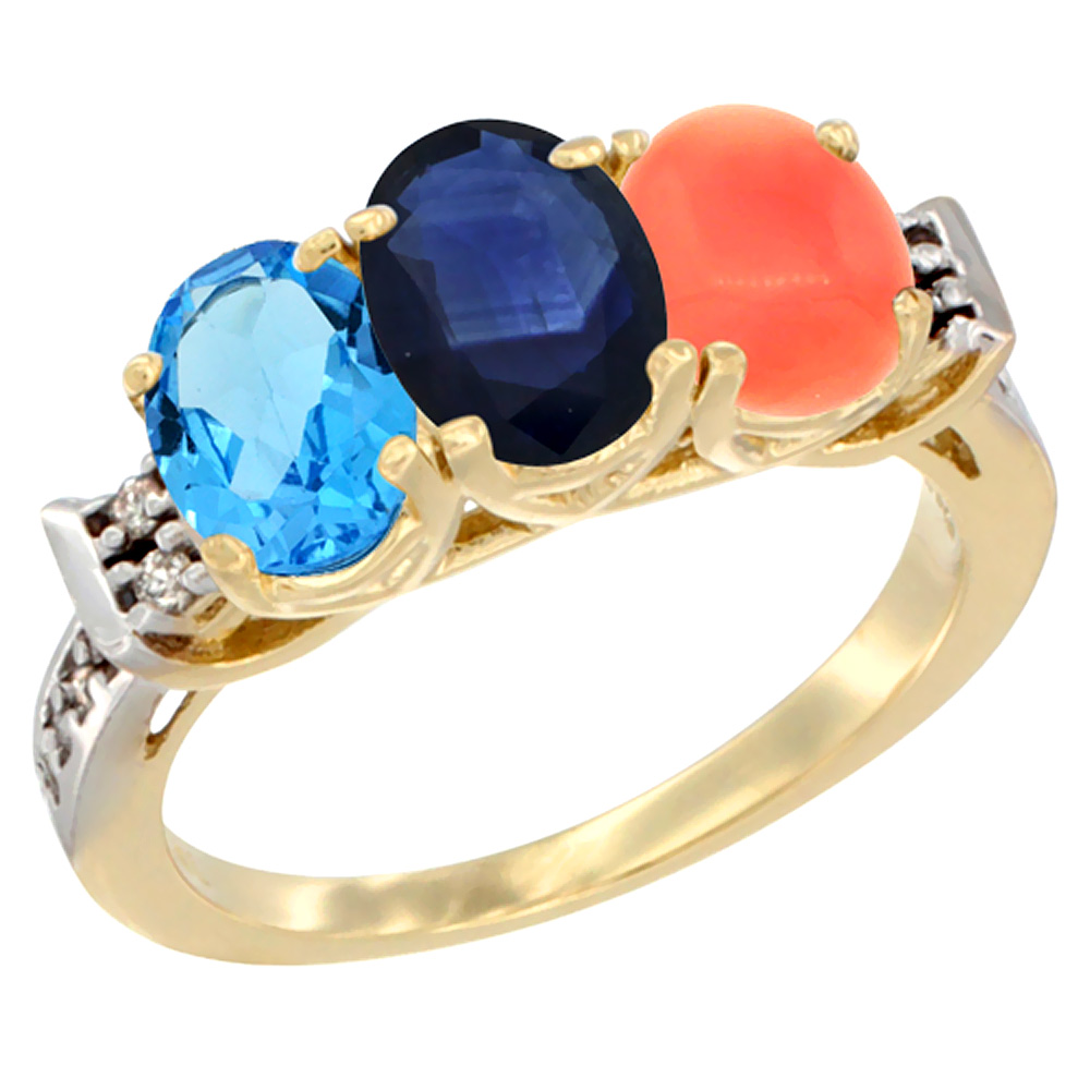 14K Yellow Gold Natural Swiss Blue Topaz, Blue Sapphire &amp; Coral Ring 3-Stone 7x5 mm Oval Diamond Accent, sizes 5 - 10