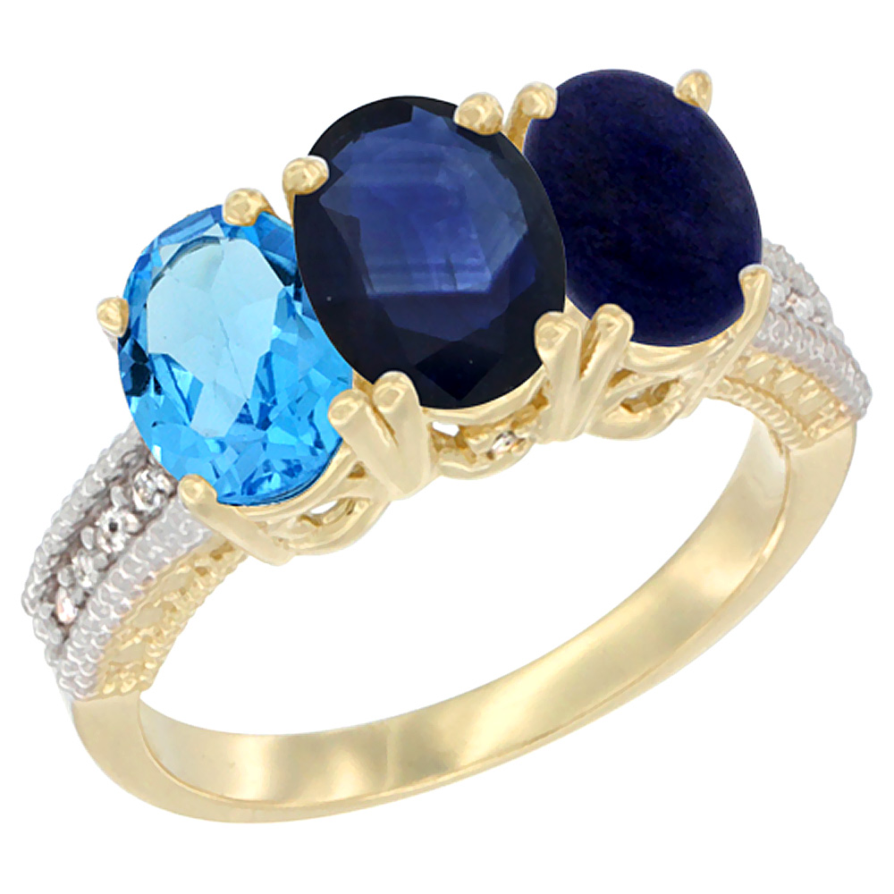 14K Yellow Gold Natural Swiss Blue Topaz, Blue Sapphire & Lapis Ring 3-Stone 7x5 mm Oval Diamond Accent, sizes 5 - 10