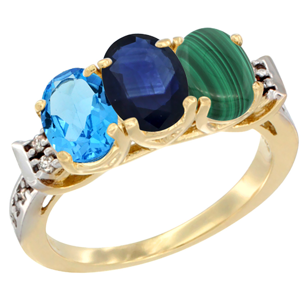 14K Yellow Gold Natural Swiss Blue Topaz, Blue Sapphire &amp; Malachite Ring 3-Stone 7x5 mm Oval Diamond Accent, sizes 5 - 10