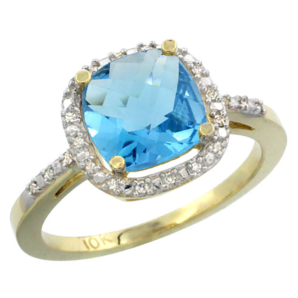 14K Yellow Gold Natural Swiss Blue Topaz Ring Cushion-cut 8x8mm Diamond Accent, sizes 5-10