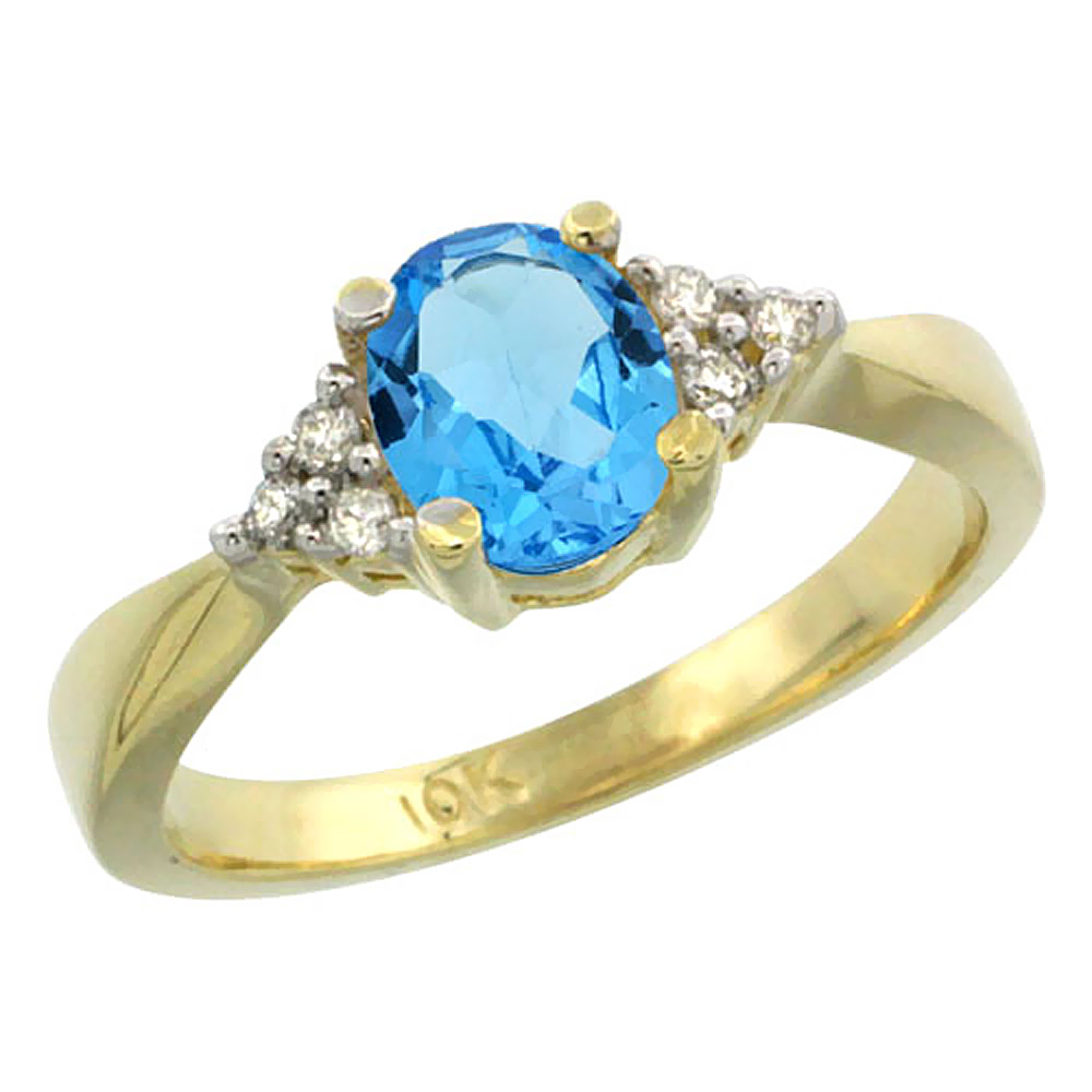 14K Yellow Gold Diamond Natural Swiss Blue Topaz Engagement Ring Oval 7x5mm, sizes 5-10