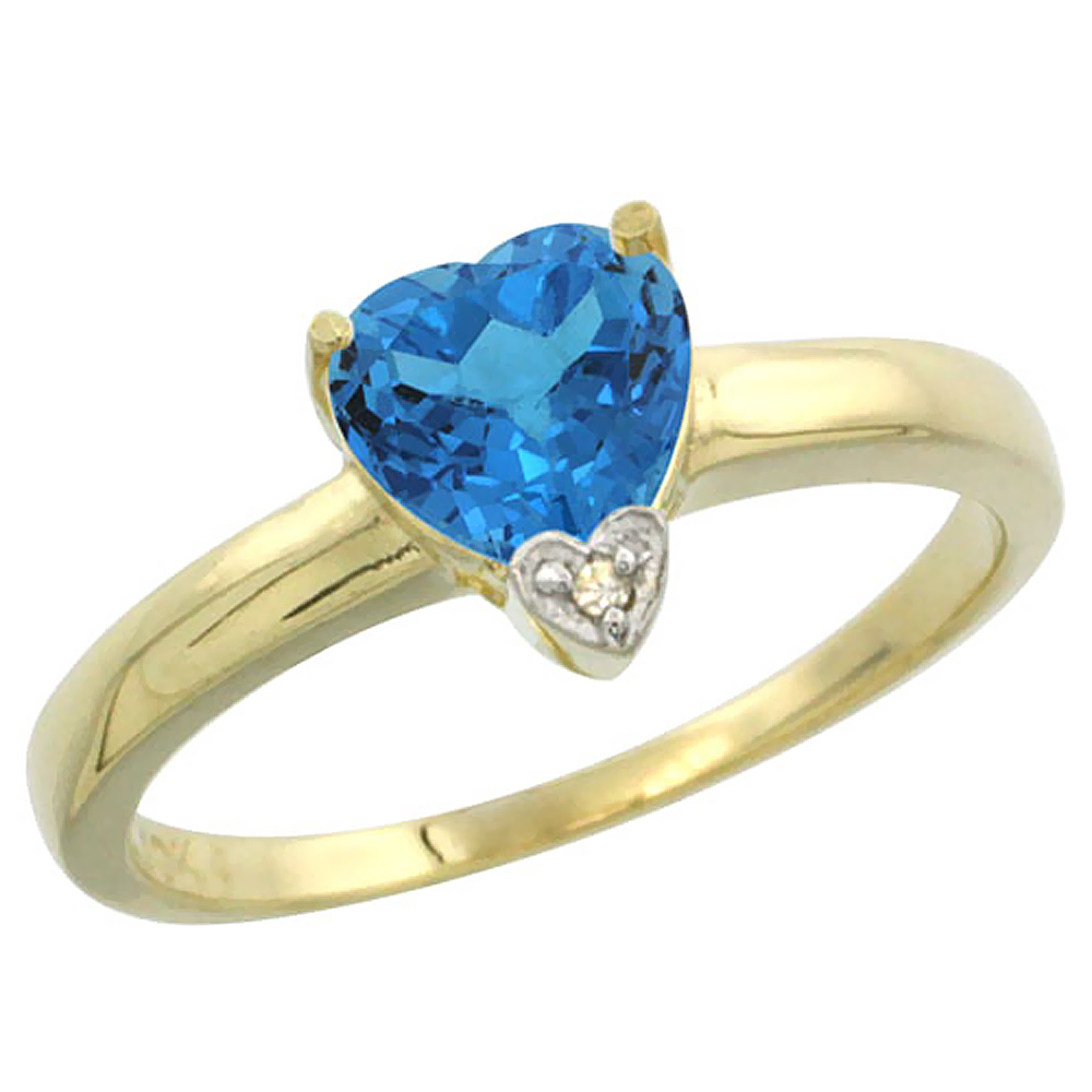 14K Yellow Gold Natural Swiss Blue Topaz Heart 7x7mm Diamond Accent, sizes 5-10