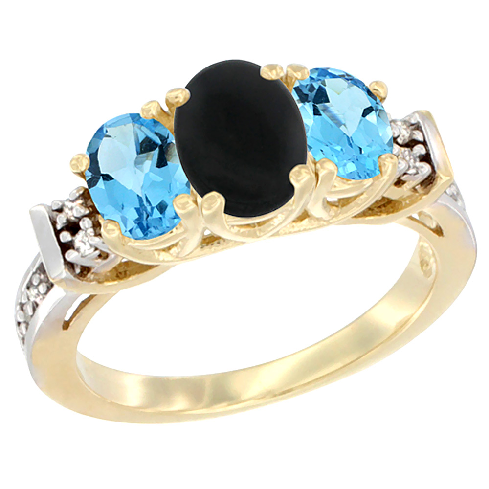 14K Yellow Gold Natural Black Onyx &amp; Swiss Blue Topaz Ring 3-Stone Oval Diamond Accent