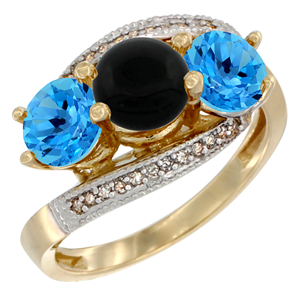 10K Yellow Gold Natural Black Onyx & Swiss Blue Topaz Sides 3 stone Ring Round 6mm Diamond Accent, sizes 5 - 10