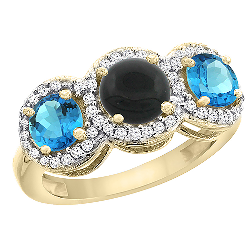 10K Yellow Gold Natural Black Onyx & Swiss Blue Topaz Sides Round 3-stone Ring Diamond Accents, sizes 5 - 10