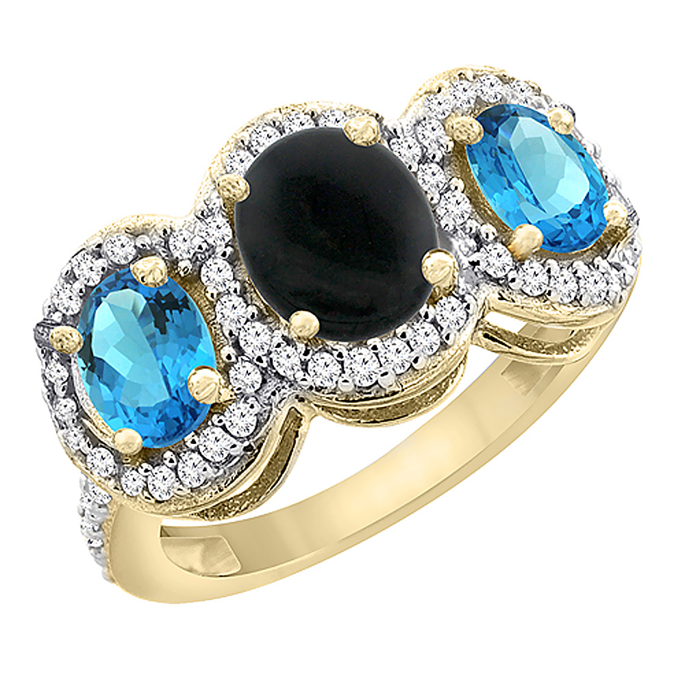 10K Yellow Gold Natural Black Onyx & Swiss Blue Topaz 3-Stone Ring Oval Diamond Accent, sizes 5 - 10