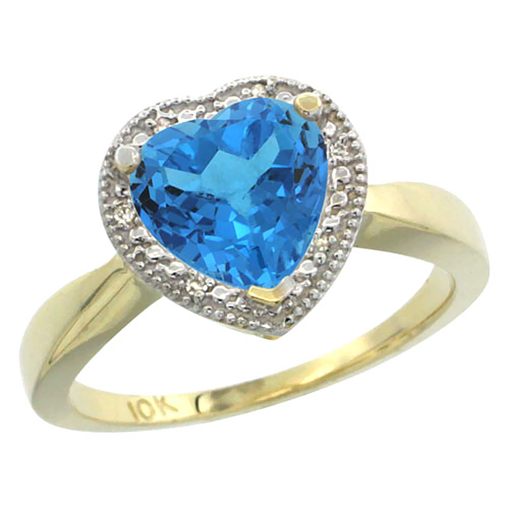 14K Yellow Gold Natural Swiss Blue Topaz Ring Heart 8x8mm Diamond Accent, sizes 5-10