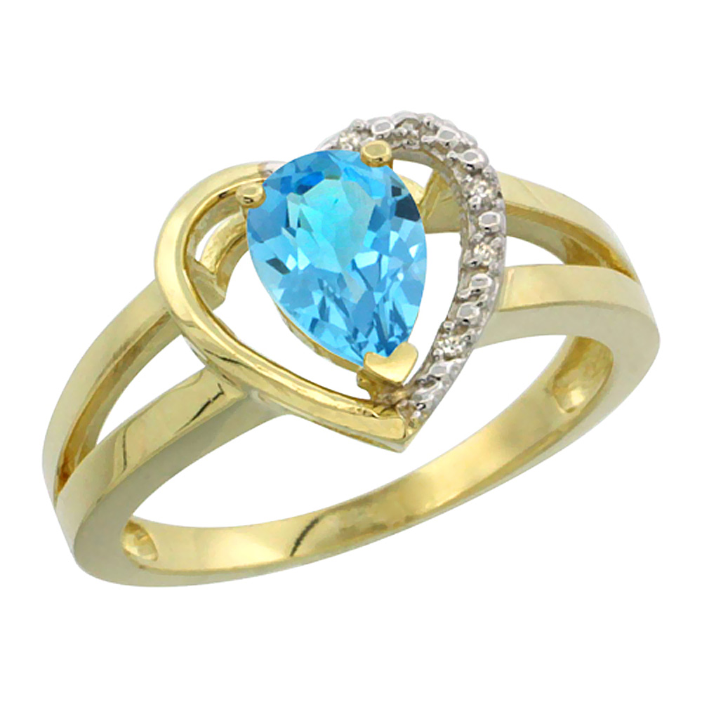 14K Yellow Gold Natural Swiss Blue Topaz Heart Ring Pear 7x5 mm Diamond Accent, sizes 5-10