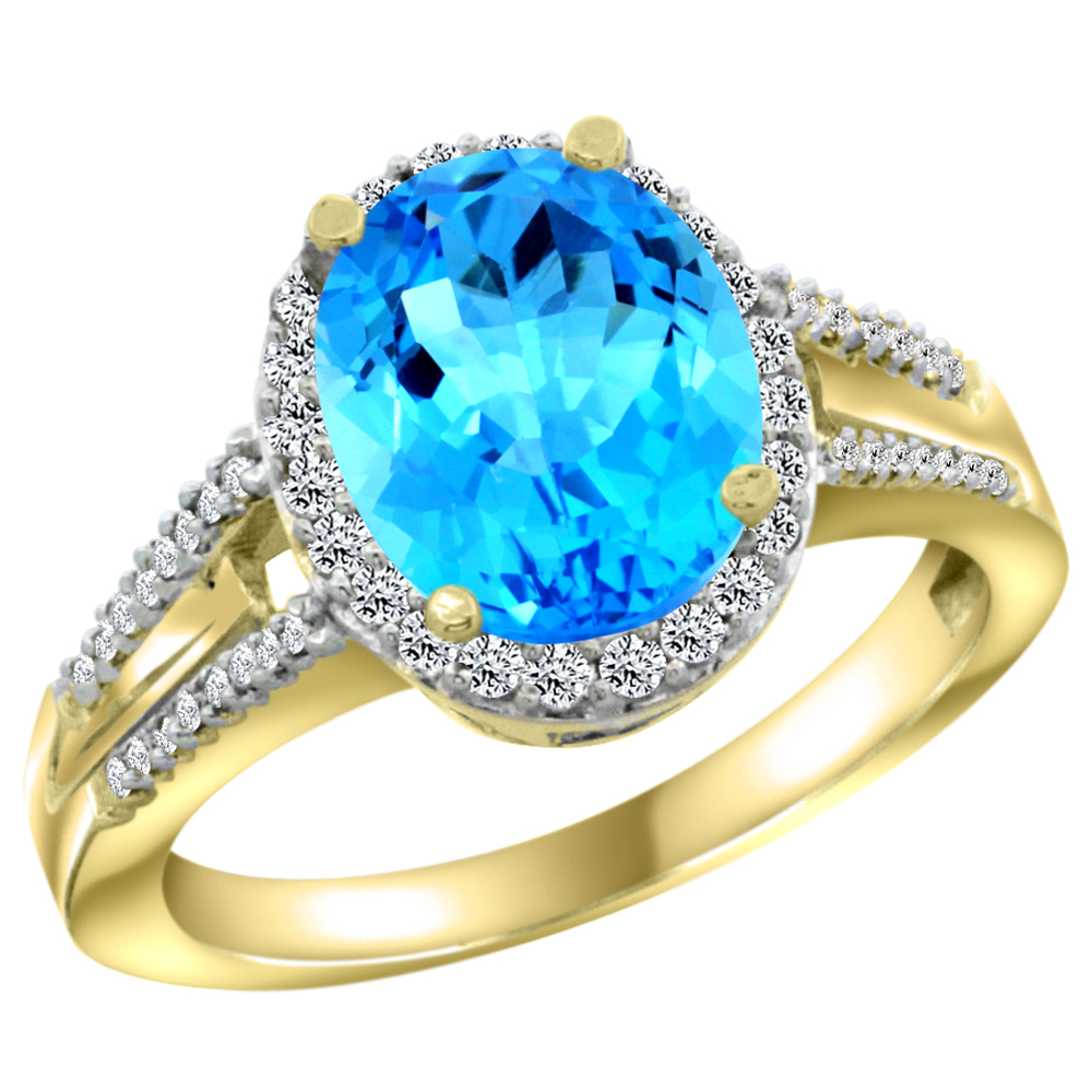 10K Yellow Gold Diamond Genuine Blue Topaz Engagement Ring Halo Oval 10x8mm sizes 5-10