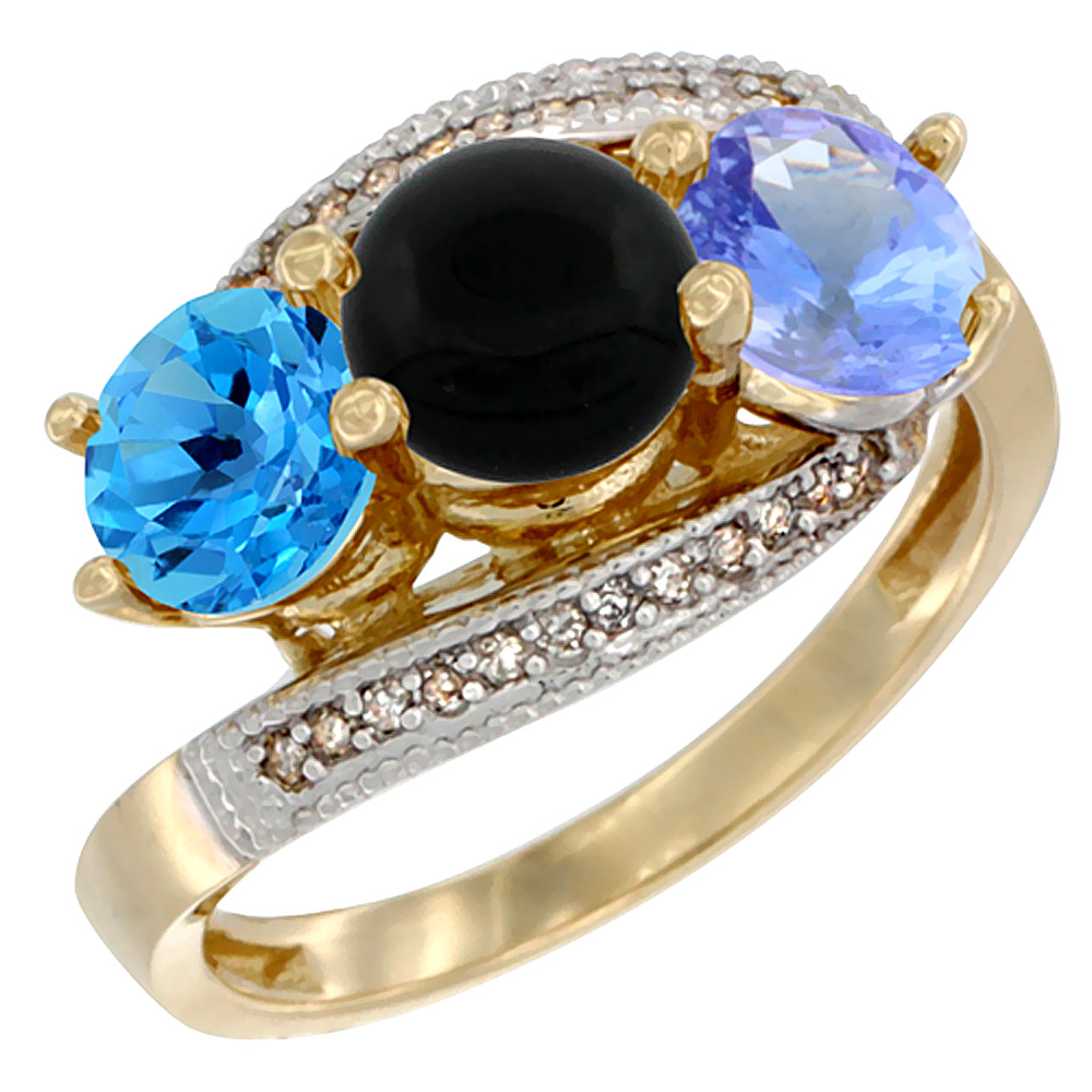 10K Yellow Gold Natural Swiss Blue Topaz, Black Onyx &amp; Tanzanite 3 stone Ring Round 6mm Diamond Accent, sizes 5 - 10