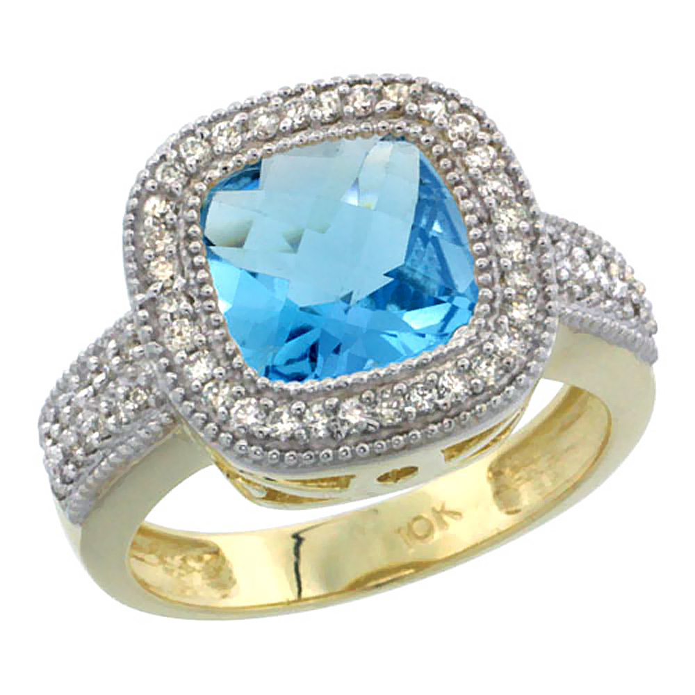 14K Yellow Gold Natural Swiss Blue Topaz Ring Cushion-cut 9x9mm Diamond Accent, sizes 5-10