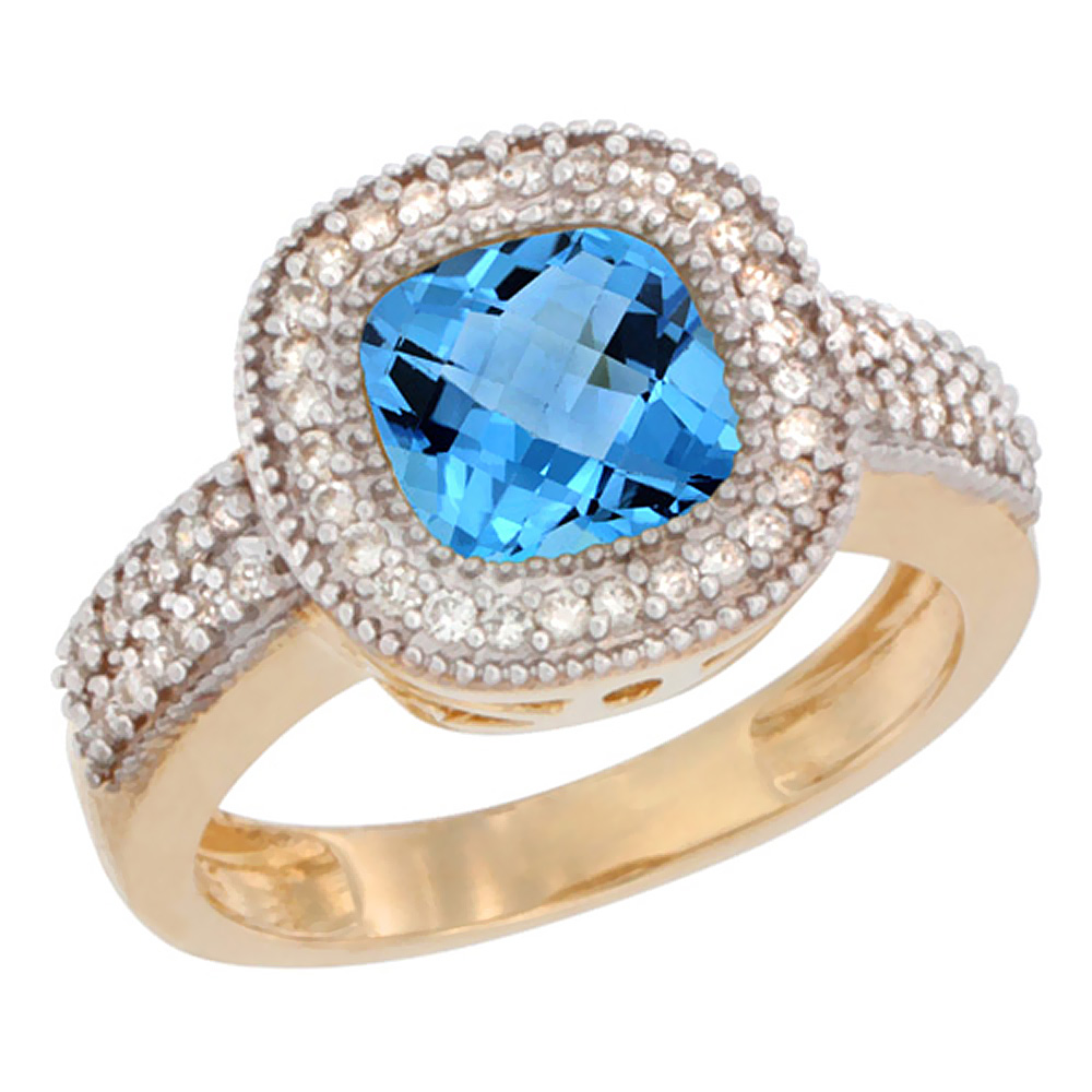10K Yellow Gold Genuine Blue Topaz Ring Halo Cushion-cut 7x7mm Diamond Accent sizes 5-10