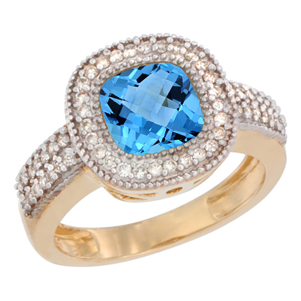 14K Yellow Gold Natural Swiss Blue Topaz Ring Cushion-cut 7x7mm Diamond Accent, sizes 5-10