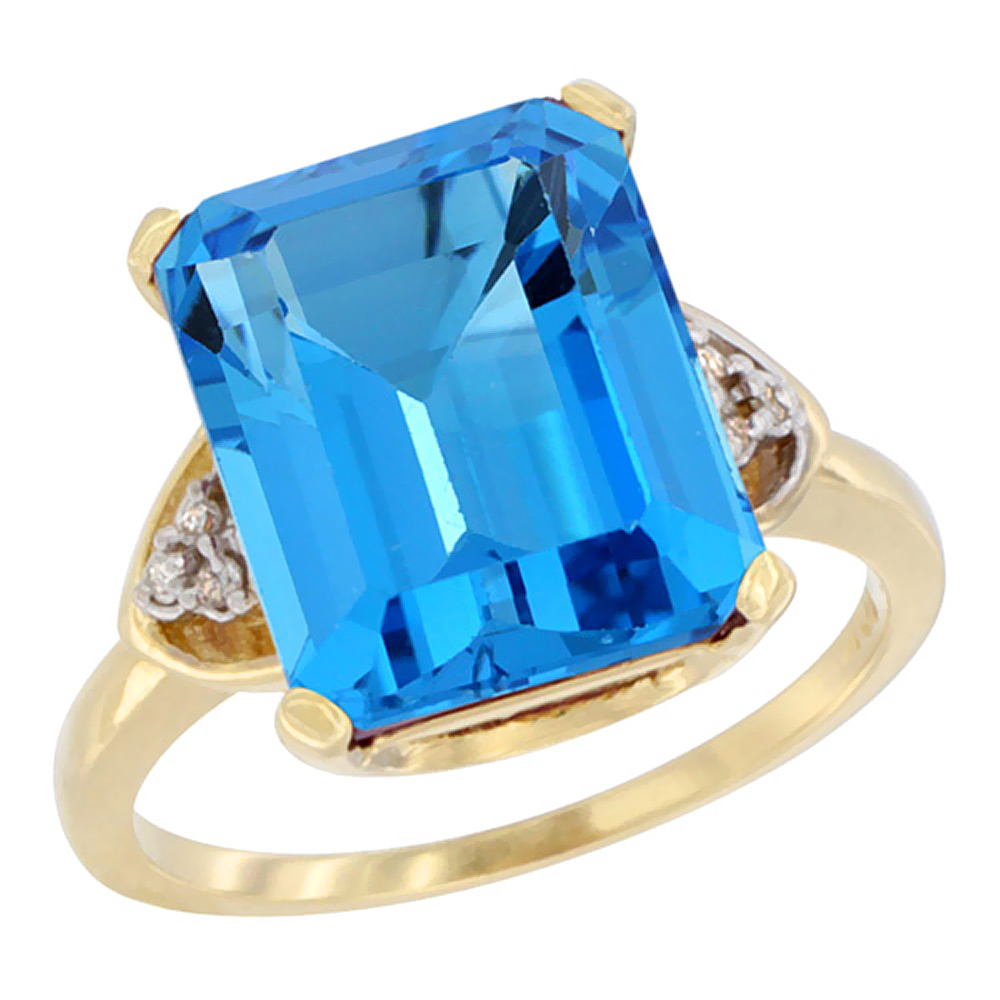 14K Yellow Gold Diamond Natural Swiss Blue Topaz Ring Octagon 12x10 mm, sizes 5-10
