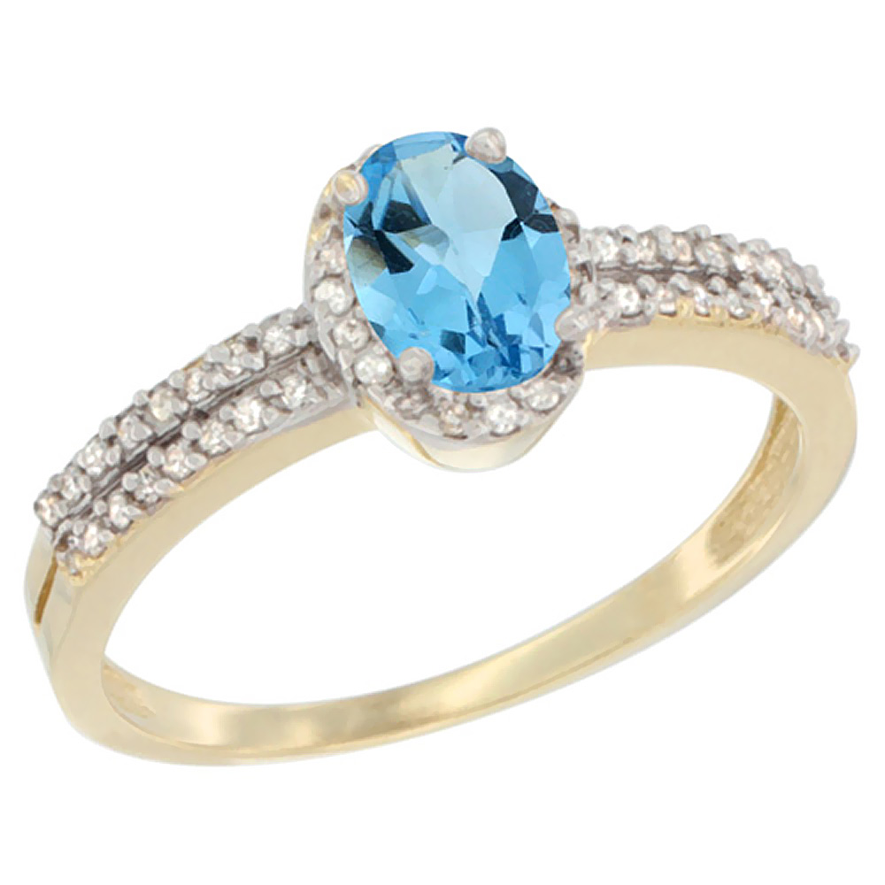 14K Yellow Gold Natural Swiss Blue Topaz Ring Oval 6x4mm Diamond Accent, sizes 5-10
