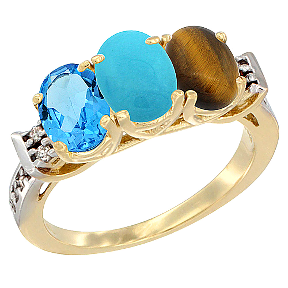 14K Yellow Gold Natural Swiss Blue Topaz, Turquoise & Tiger Eye Ring 3-Stone 7x5 mm Oval Diamond Accent, sizes 5 - 10