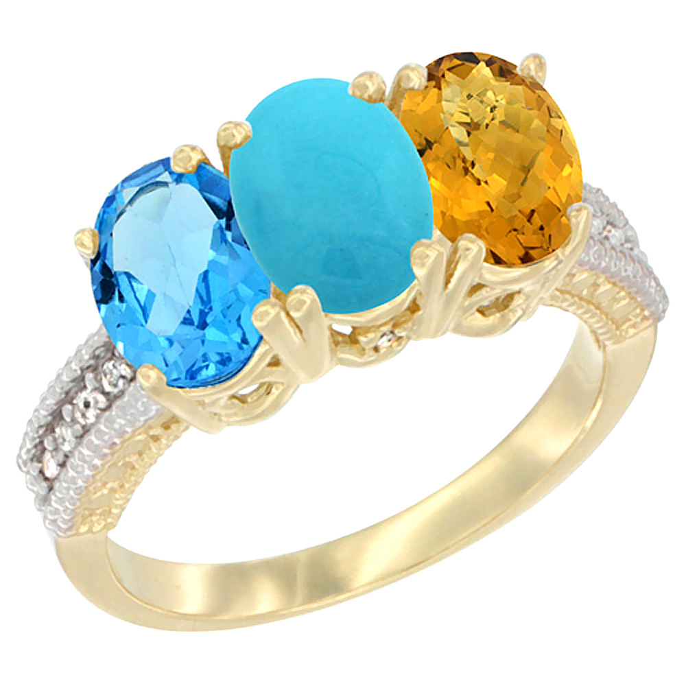 14K Yellow Gold Natural Swiss Blue Topaz, Turquoise & Whisky Quartz Ring 3-Stone 7x5 mm Oval Diamond Accent, sizes 5 - 10