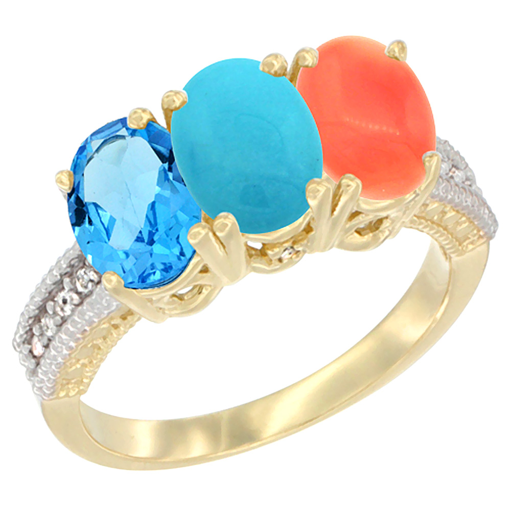 14K Yellow Gold Natural Swiss Blue Topaz, Turquoise & Coral Ring 3-Stone 7x5 mm Oval Diamond Accent, sizes 5 - 10