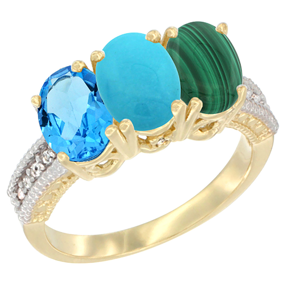 14K Yellow Gold Natural Swiss Blue Topaz, Turquoise & Malachite Ring 3-Stone 7x5 mm Oval Diamond Accent, sizes 5 - 10