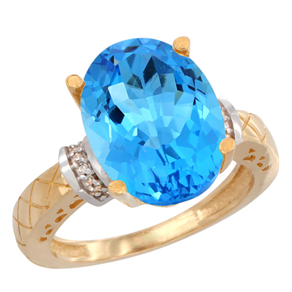 14K Yellow Gold Diamond Natural Swiss Blue Topaz Ring Oval 14x10mm, sizes 5-10