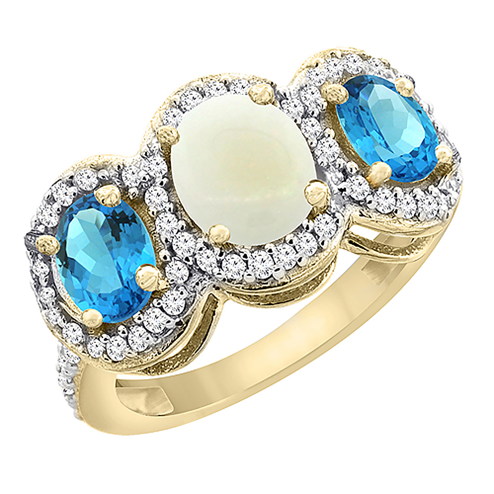 14K Yellow Gold Natural Opal & Swiss Blue Topaz 3-Stone Ring Oval Diamond Accent, sizes 5 - 10