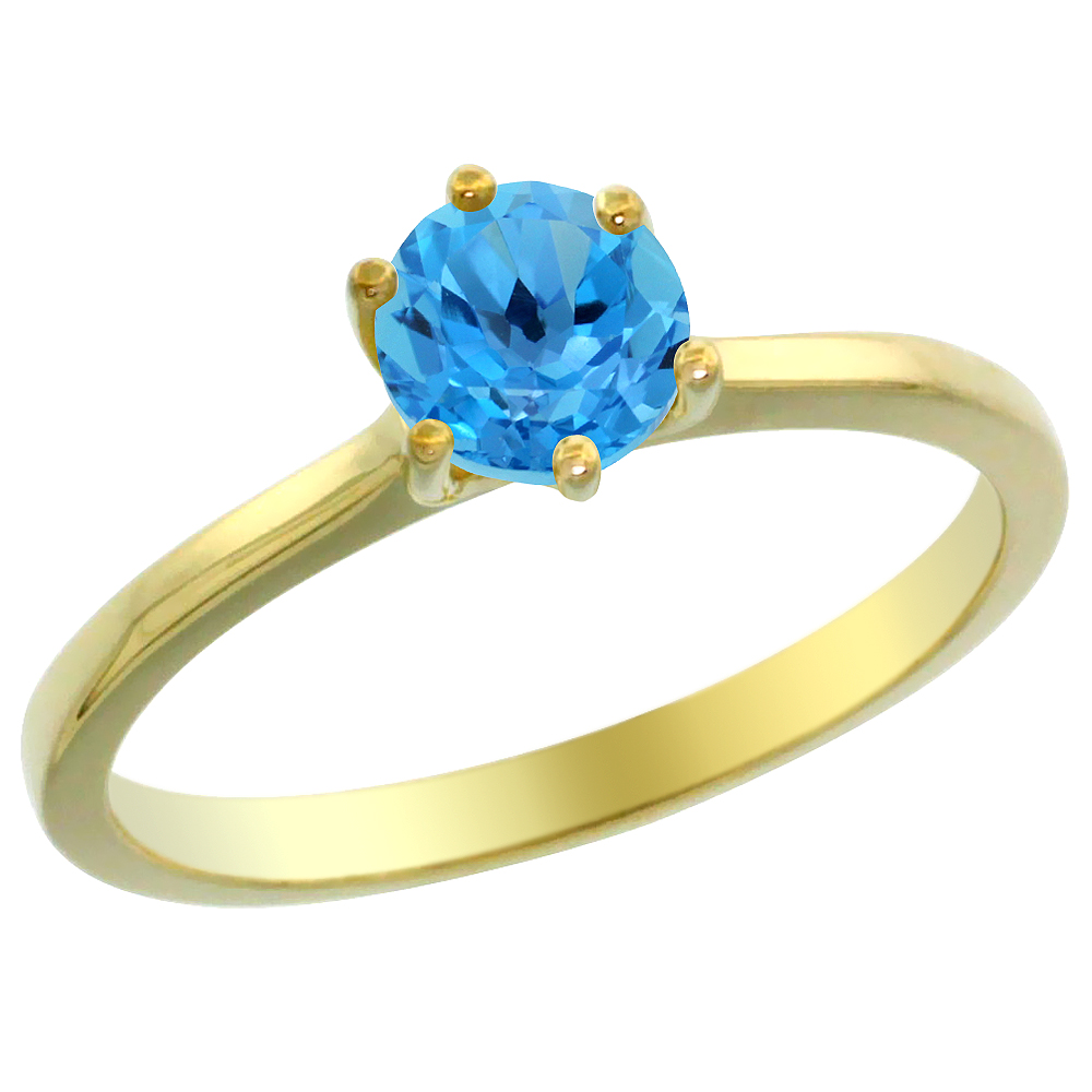 14K Yellow Gold Natural Swiss Blue Topaz Solitaire Ring Round 6mm, sizes 5 - 10