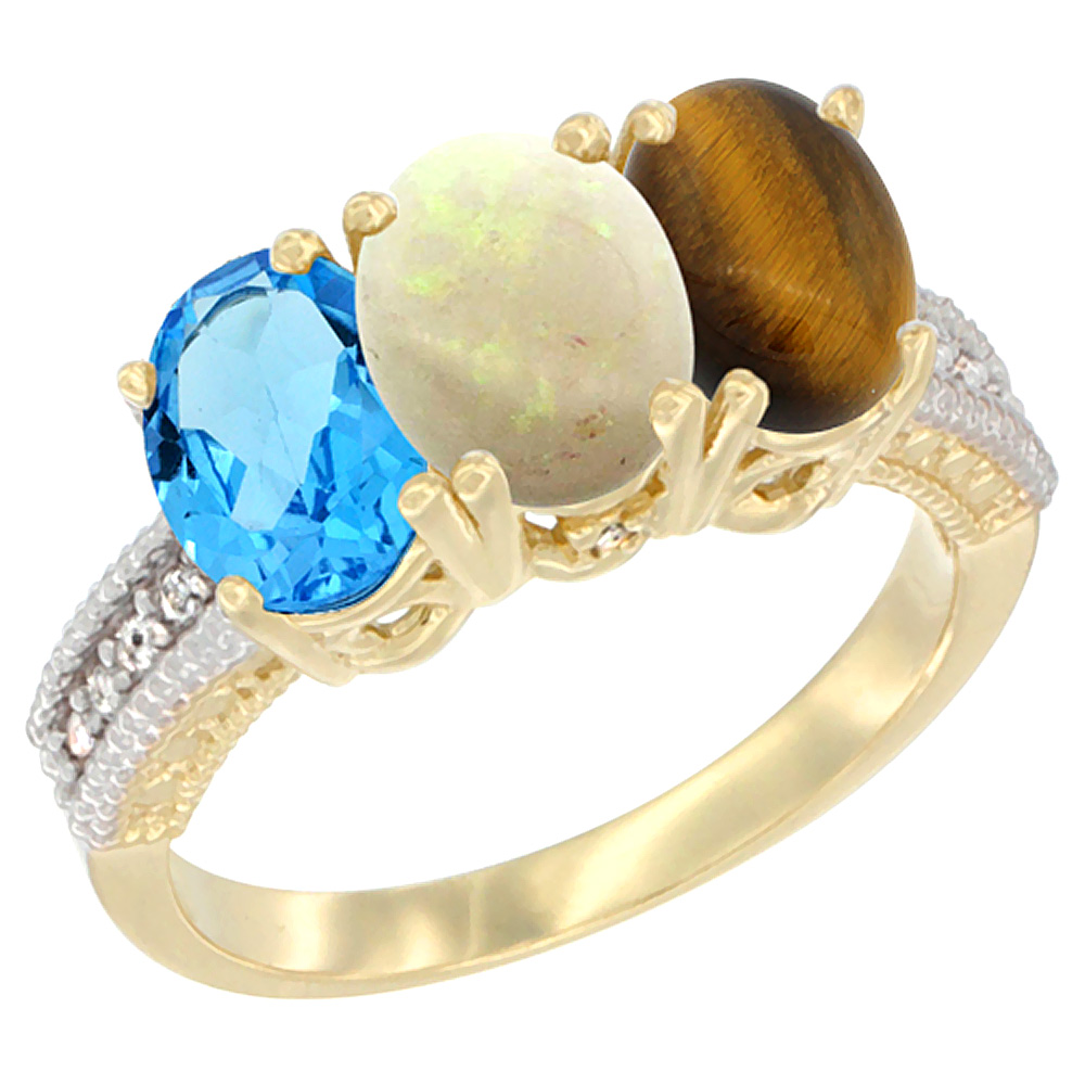 14K Yellow Gold Natural Swiss Blue Topaz, Opal &amp; Tiger Eye Ring 3-Stone 7x5 mm Oval Diamond Accent, sizes 5 - 10