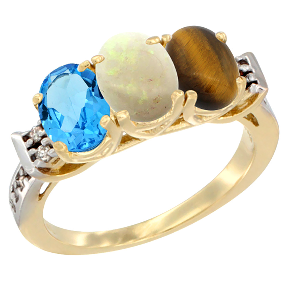 10K Yellow Gold Natural Swiss Blue Topaz, Opal & Tiger Eye Ring 3-Stone Oval 7x5 mm Diamond Accent, sizes 5 - 10